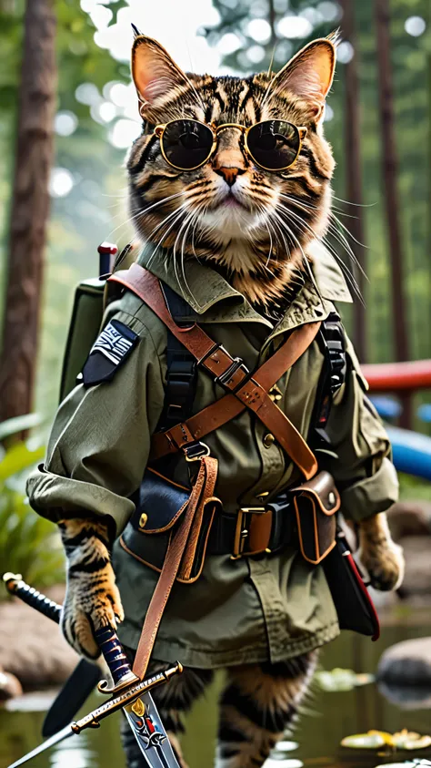 Soldiers cat with a sword, sunglasses,  detailed clothes, Walking in a pond ,  action shot, In motion, 8k,  ultra high resolution, In the forest,  DSLRs That Turned 50,  very detailed on playground equipment, Award-winning photo, (Bright Scene:1.1),  other...