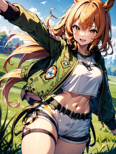 (Chibi),1girl,solo, MayanoTopGun,orange hair,long hair,horse ears,green jacket,crop top,navel, micro shorts, kneehighs, smile,open mouth, grass,(spread arms, standing on one leg,leg up), masterpiece,Noise Reduction,perfect anatomy,high resolution, ultra-de...