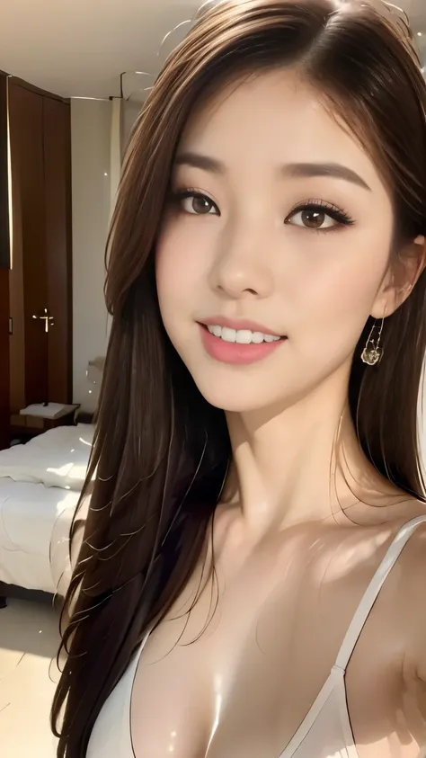 (8k、RAW photo、top-quality、​masterpiece:1.2)、(Realistic、 photorealistic :1.37)、Red lipstick,Age 25, bedroom, cinematic lighting,Hotel,Black Hair,Straight long hair style, detailed face,Pink blush:1.3,Detailed lips、Detailed eyes、double eyelid, Perfect Body ,...