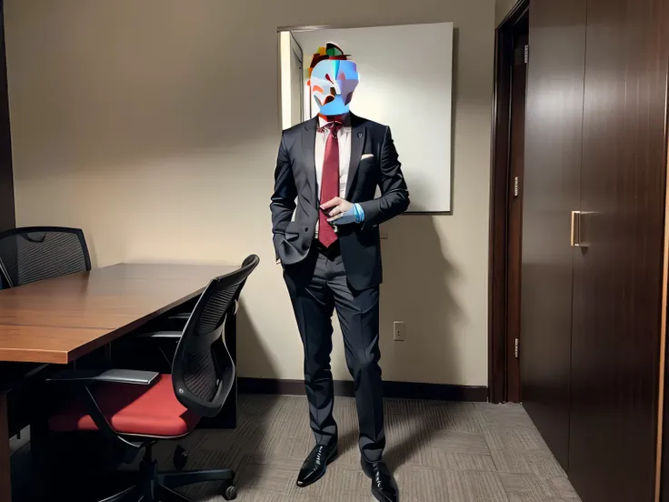 corner office of skyscraper, executive office furniture, standing, smiling, DanteMartin, wearing charcoal gray business suit, white shirt, red tie, charcoal gray jacket, charcoal gray slack dress shoes, ((full body portrait)), wide angle  