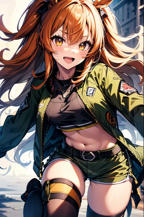 (Chibi),skinny,1girl,solo, MayanoTopGun,orange hair,long hair,horse ears,green jacket,yellow crop top,navel,belt,white micro shorts, kneehighs, smile,open mouth, grass,((spread arms, standing on one leg,leg up)), masterpiece,Noise Reduction,perfect anatomy...