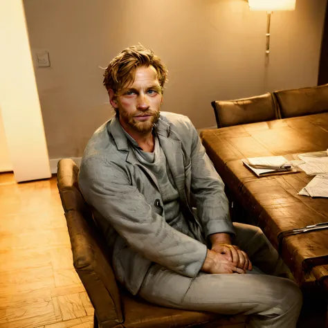 Create an image of the same 34 year old German man. Now He is sitting in his chair in his living room. In his front there is a small center table with a paper over it. He is the only person in this image.