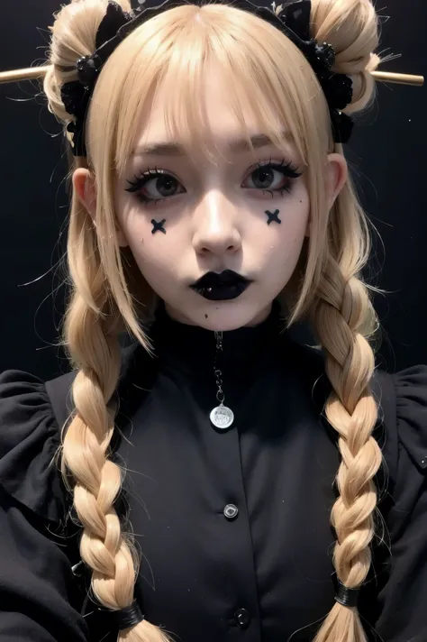 It feels like a bully, piercing on the nose, teenage girl,  goth girl aesthetic, japanese gothic, Goth makeup, gothic face,  Gothic girl face, Goth makeup, a head-to-head gaze
