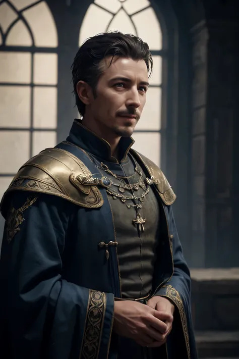 Petyr Baelish, Scar on the left cheek, blue medieval clothes with gold embroidery, mysterious smile, scandinavian, atmospheric scenery of the Game of Throne, masterfully rendered in high-resolution, 8K quality, with ultra-realistic, photorealistic shading ...