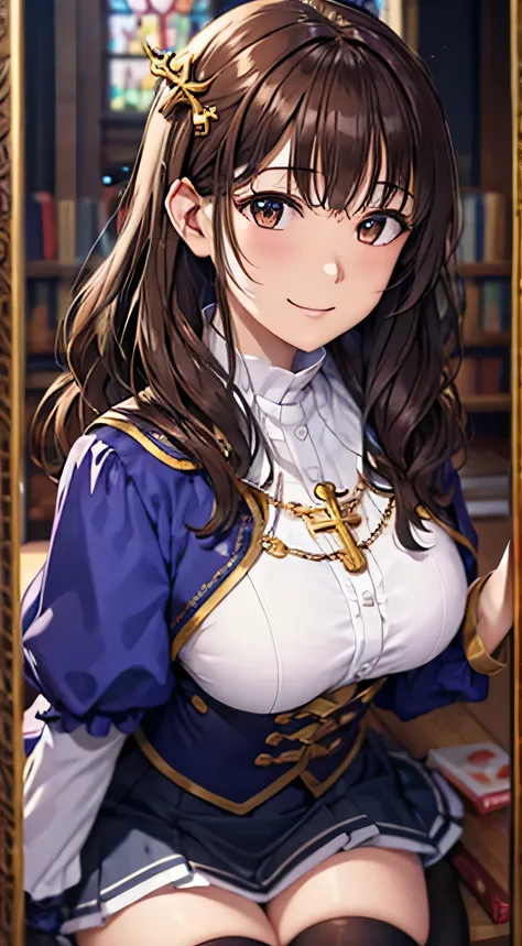 (( table top, Best Quality,  high definition, ,  pixel perfect, 4K,))), 1 female, 、 (( wavy hair in front of the station、bangs, Brown Hair、 all over)), (( Brown Eyes ,   beautiful eyelashes , Realistic eyes)), ((  detail face ,  blanking in books:1.2)), ((...