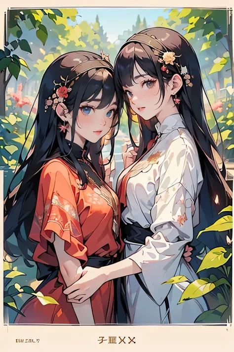 (masterpiece, best quality, highest quality, official art, beautiful, aesthetic:1.2), (two young girls), extremely detailed, (fractal art:1.3), colorful, most detailed, upper body, two women whispering in each others ears, looks fun, lol