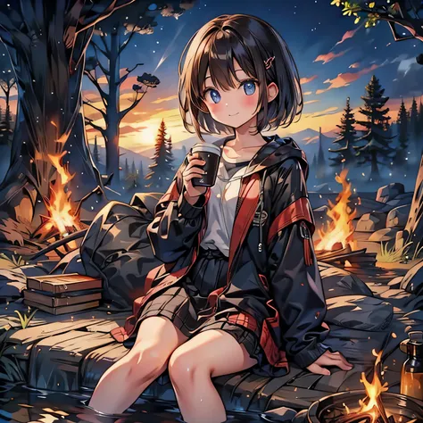 (masterpiece:1.3),(best quality:1.3),(high resolution:1.2),8k, morning glow、Beautiful brown-eyed girl sitting on a stump in front of a campsite tent 、 drinking coffee in front of a bonfire。Bob 。Beautiful eyes