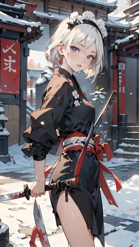 woman in winter landscape holding katana, anime style, inspired by Kano Hogai, holding short knife, knife from zero video game character, japanese knife, unsheathing her knife, maid, katana, stunning 8k anime, inspired by black ninja