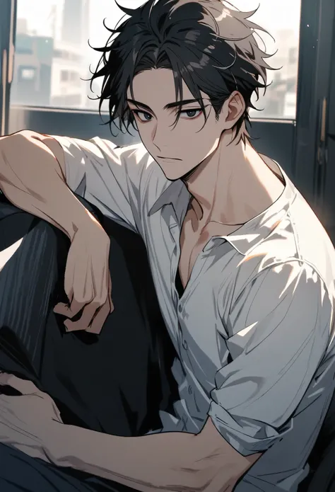 man, handsome,  short black hair , black eye color,  white shirt , 