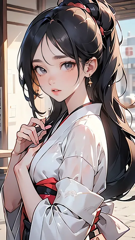 a beautiful woman with long black hair, brushing her hair with a comb, alluring gaze, wearing kimono, elegant, sensual, 1girl, detailed face, detailed eyes, detailed lips, long eyelashes, intricate details, high quality, photorealistic, 8k, hyper detailed,...