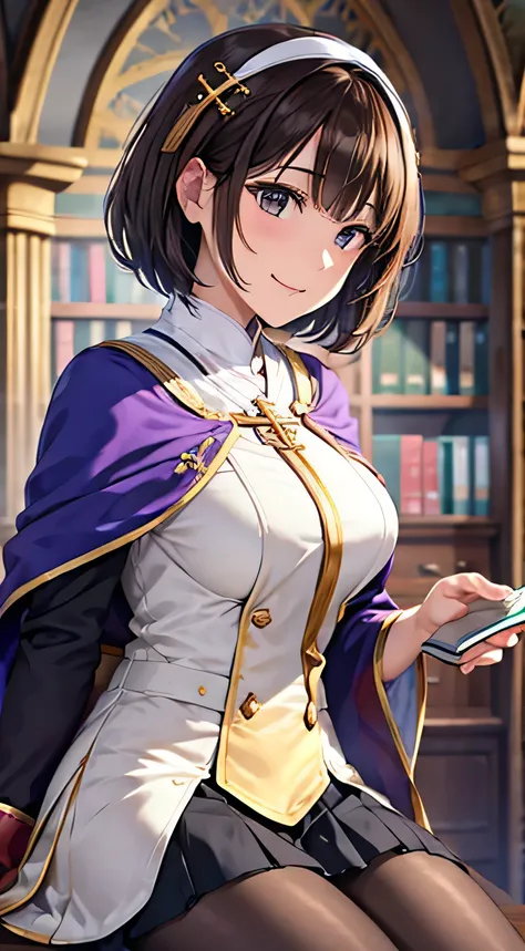 (( table top, Best Quality,  high definition, ,  pixel perfect, 4K,))), 1 female, 、 (( Short Wave Hair、bangs, Brown Hair、 all over)), (( Brown Eyes ,   beautiful eyelashes , Realistic eyes)), ((  detail face ,  blanking in books:1.2)), ((Smooth texture:0.7...