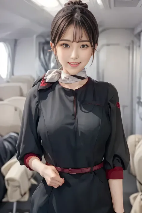 (masterpiece:1.2, Best Quality:1.2), 32kHDR, high definition , (Alone、 1 girl)、(on board、 professional lighting)、In-flight background、( realistic style wearing a JAL flight attendant uniform )、(( JAL flight attendant uniform short sleeve jumper skirt 、Re...