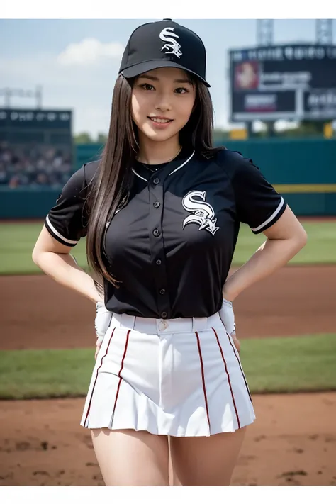 ((best quality)), ((masterpiece)), (detailed), 1girl,baseball player on baseball stadium,((clothed:1.1)),(Chicago White Sox uniform),sexy black and white baseball uniforms,wearing black baseball cap ,baseball mittens ,hold baseball bats,(pleated mini skirt...