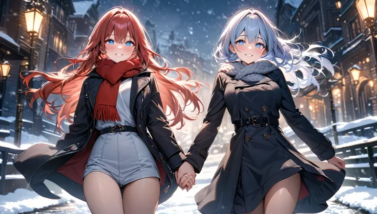  high res,  ultra high definition, HDR, masterpiece, pair, scarf, Stylish winter clothes , Walking hand in hand,  smiling sweetly , Snowy weather ., ((( high res))), (((Gojo Satoru))), Tall,  Blue sparkling pupils ,  Handsome Man,  girl, red long hair, Blu...