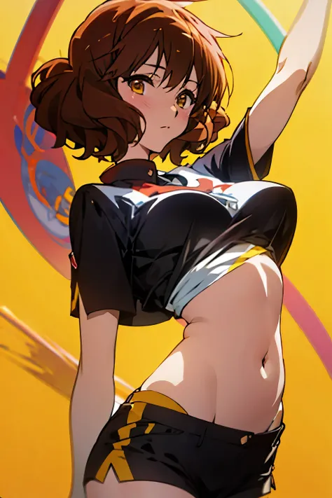 Oumae Kumiko, girl, short, curled black hair, false beard , yellow short sleeve t-shirt , 23, Big Breasts, Exposed belly, short shorts