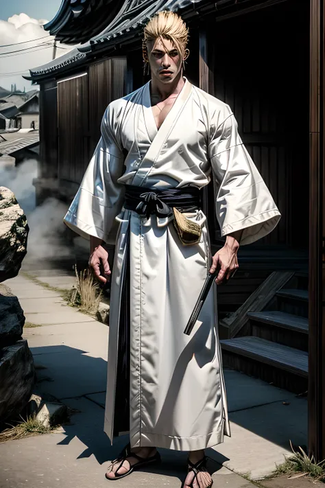 1 male samurai, blond hair, strong muscles, mature and firm, wearing white and black kimono, detailed eyes, detailed face, facing the viewer, full body, detailed body, pavilion background, no 0mib style, bleach style, 8k