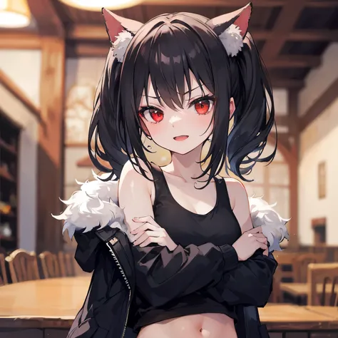 (conceit, crossed arms, Smirk, open mouth), (upper body, above belly), 1girl, solo, (loli:1.2), red eyes, black hair, medium hair, twin tails, ((cat_ears:0.9)), ((fur_black_jacket, white fur), (black tight tank top), (abs:0.7), (stomach shown:0.9)), (blurr...