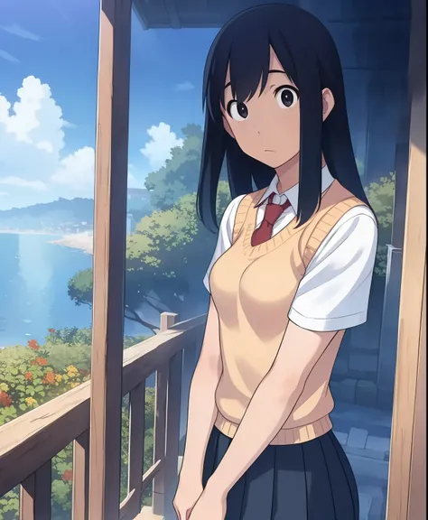 (masterpiece、Best Quality、Best Quality、Official Art、Beautiful and beautiful:1.2)、(One person:1.3),Beautiful breasts, girl、masterpiece, Best Quality ï¼ 1girl, Alone, Sweater vest, Black Hair , tie, Long Hair, dark eyes, school uniform, Outdoor, null, ...