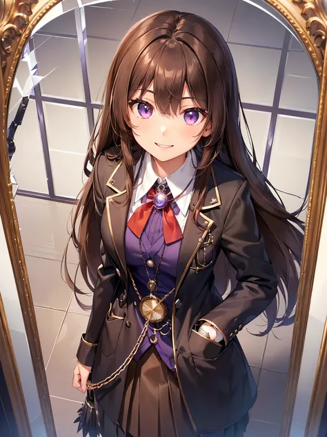 (( black long coat)), a very beautiful teenage girl,(16k, ultra high resolution,Best Quality,masterpiece,Super detailed, Highly Detailed Facial Features ,  perfect face,  Perfect Eyes , anatomically correct body ), long hair, purple eyes, hair between eyes...