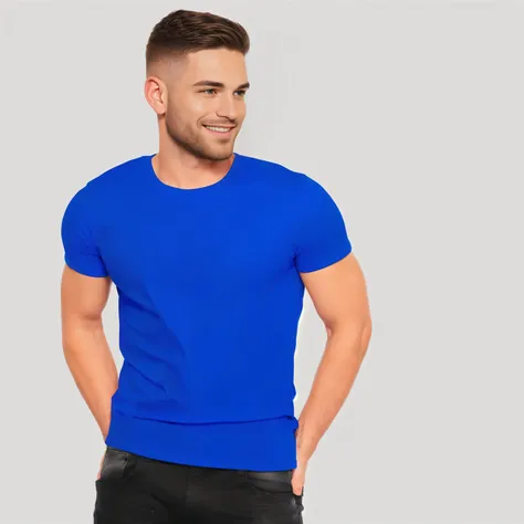 handsome man in a blue t-shirt standing with his hands in his pockets, blue large tshirt, kobalt blue, blue colored, short sleeves, royal blue, electric blue, cobalt blue, blue color, royal-blue, neon blue color, blue shirt, solid color, bright blue, vibra...