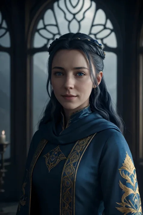 Petyr Baelish as woman, blue medieval clothes with gold embroidery, mysterious smile, scandinavian, atmospheric scenery of the Game of Throne, masterfully rendered in high-resolution, 8K quality, with ultra-realistic, photorealistic shading and lighting, c...