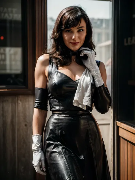 masterpiece photo, ((retro vintage)), photography, ((1940s vibe)), year 1930, 40 years old Bettie page, vintage white sleeveless dress, (( leather white gloves)), long sleeves, wavy hair, black long maxi-skirt(black long maxi-skirt:1.2),hd, color image, sh...