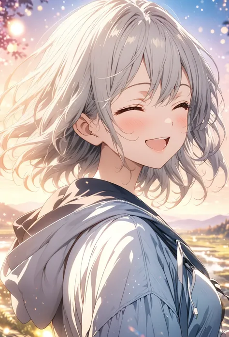 masterpiece, Best Quality,  High Definition CG Unity 8K Wallpaper , High school girl anime illustration. Wear larger clothes、Hooded、 peace sign,  she closes her eyes and opens her mouth , smile.  The background is a pale pastel landscape,  Gray Hair, Yello...