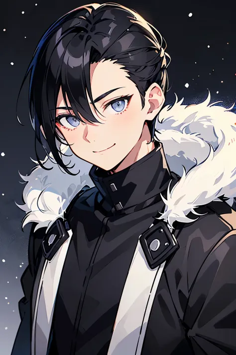 Black Hair、Nape、1人のmale、 PORTRAIT、Grey Eyes、 cool、smile、 illuminated background、Winter clothes、Christmas Night、male、parted bangs、hair styled in a center-parted slicked-back look,in a slicked-back,  neutral face 、Fantastic Background、Moe sleeves、 anime styl...