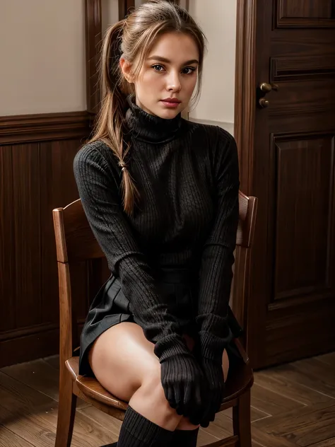 brown hair color、hair pulled back、ponytail、cute face、 she wears a turtleneck and a skirt.、wearing long wool socks、sitting on a chair、crossed legs、Wearing black lace gloves、adult german woman、full body portrait、indoor.、