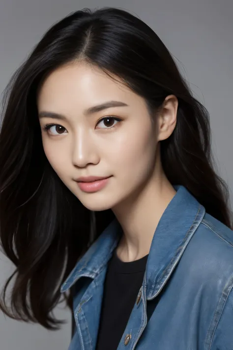 Create one (( Medium shot ))  Realistic image of a beautiful Asian woman , smooth,  perfect skin. she has large, Round,  sparkling eyes ，Naturally long, curly lashes,  and well-defined , Thick eyebrows. she的鼻子又直又高, 和she自然的粉红色,  Soft lips showing a gentle s...