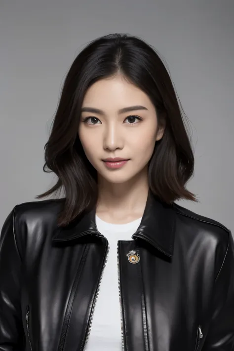 Create one (( Medium shot ))  Realistic image of a beautiful Asian woman , smooth,  perfect skin. she has large, Round,  sparkling eyes ，Naturally long, curly lashes,  and well-defined , Thick eyebrows. she的鼻子又直又高, 和she自然的粉红色,  Soft lips showing a gentle s...
