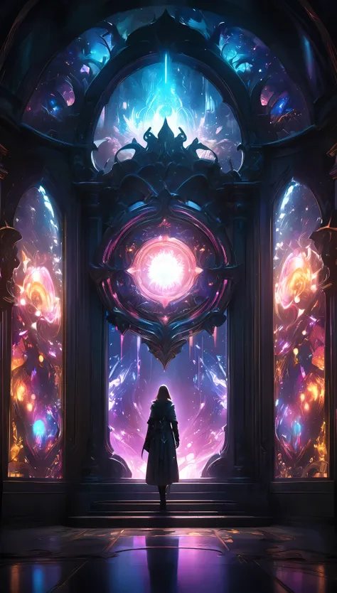 a dark fantasy portal, intricate fantasy world beyond, dazzling background lighting, translucent holographic illumination permea...