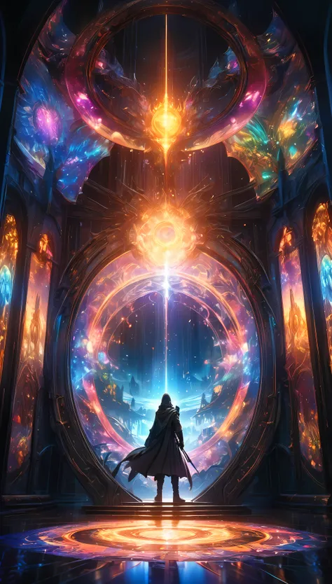 a dark fantasy portal, intricate fantasy world beyond, dazzling background lighting, translucent holographic illumination permea...