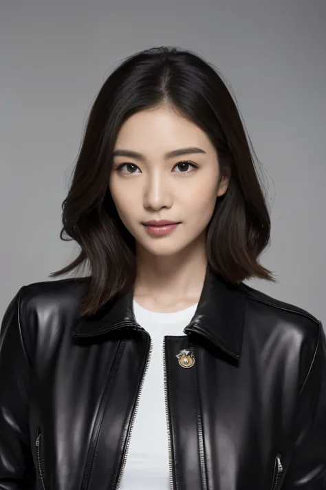 Create one (( Medium shot ))  Realistic image of a beautiful Asian woman , smooth,  perfect skin. she has large, Round,  sparkling eyes ，Naturally long, curly lashes,  and well-defined , Thick eyebrows.  her nose is straight and tall ,  and she is naturall...