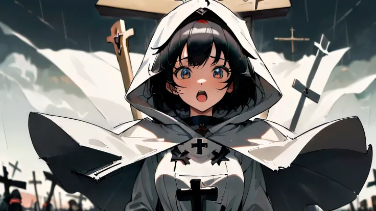 ((masterpiece)), ((Best Quality)), (( Black Haired Anime Girl Crucified on a Cross)), Perfectly detailed eyes,  perfect detailed face , Ultra detailed nose,  characters with open mouth , Pure White Hooded Coat , Perfect Teeth,  high definition, ( balanced ...