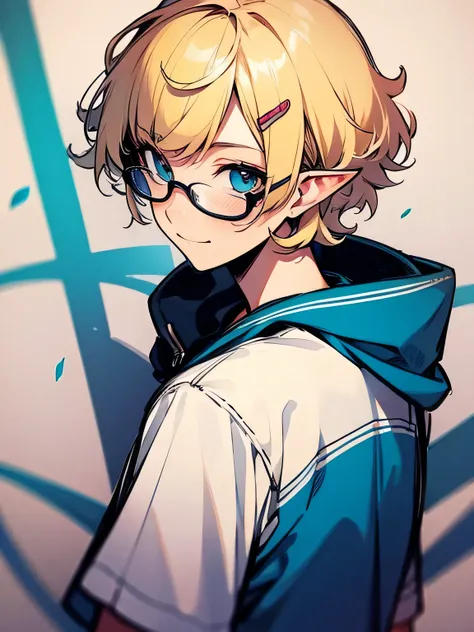 solo,upperbody,blonde short curly wavy bob,side cut,back cut,boyish smile,elf ear, glasses,タンクトップ、ミニパンツ、汗、スポーツクラブ、(manga style),(sketch),(illustration),