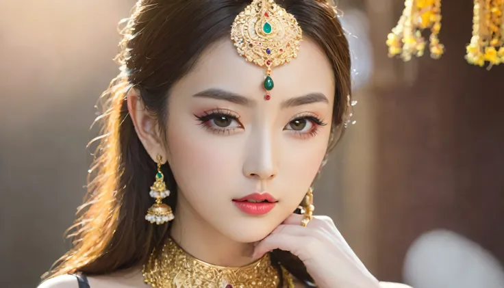 A bindi on the center of the forehead], Beautiful Royal Temple,  jewellery, gem,  necklace ,  gold bracelet , anklet,  Thick lips, Put your hand on your lips,  skin pattern , Half-open lips, (Detailed eyes), ( Seductive Poses), urzzang-6500-v1 .1, ( big br...