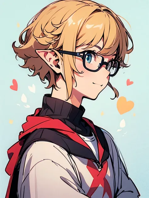 sideview,solo,upperbody,blonde short curly wavy pixie cut,side cut,back cut,boyish smile,elf ear, glasses,タンクトップ、ミニパンツ、汗、スポーツクラブ、(manga style),(sketch),(illustration),