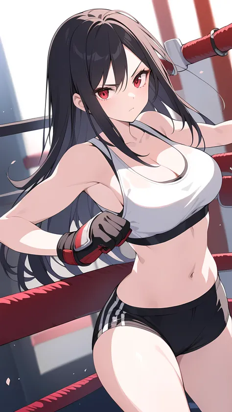 (Tifa Lockhart from Final Fantasy VII, black long hair, red eyes), (Age 25, Mature, cool and beautiful face, 1girl, solo), a beautiful, extremely detailed, detailed eyes, detailed iris, natural lighting, white sports bra, athlete spats, mma gloves, sleevel...