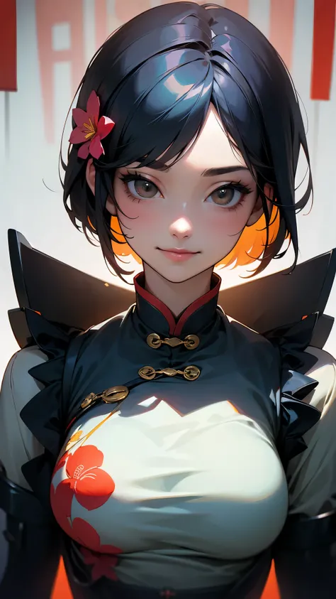  one girl、solo、Jet Black Brown Eyes 、shiny dark blue hair、Bob Hair、Orange hair ornament、smile、wallpaper、 very detailed、((( very detailedな目と顔)))、​​Best Quality、Realistic portraits、Complex clothing、 very detailed、 dynamic angle 、The most beautiful form of ch...