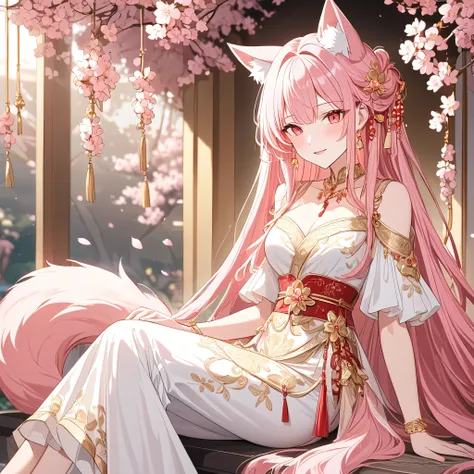 A legendary nine-tailed fox girl, full-body, anime-style illustration. She has long flowing pink hair, soft pink fox ears, and nine elegant tails. Her expression is gentle and mysterious, with a slight smile. She is dressed in a luxurious red and white tra...