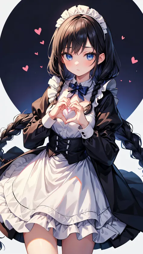 masterpiece, female, expressionless, making a heart with hands, looking at viewer, french braids, black hair, blue eyes, jitome, fair skin, short, slender, maid, 20-year-old, no background, cute, closeup shot