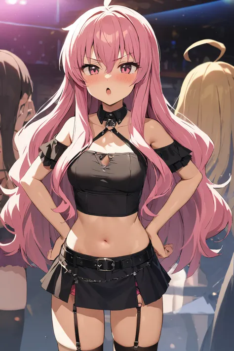 NSFW,masterpiece,Best Quality, high definition, very detailed,Louise Françoise Le Brun de La Valliere (The Familiar of Zero),Pink Eyes、Pink Hair,Long Hair, hair between eyes ,Small breasts, Off Shoulder Shirts , crop top, miniskirt,belt, Garter Straps ,Nig...