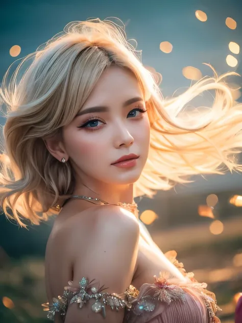 Best Quality, masterpiece,  upper body, woman,  blond hair is fluttering in the wind, Sparkling Eyes, Steampunk Nude Style, Light clothing, Pink clothes, Pink Hair,  cinematic lighting, 8K RAW photo.