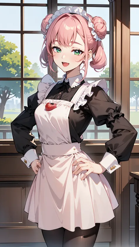 (masterpiece, best quality, ultra high quality, 1girl, solo), (성숙한 26세 여성), (small face), (She has good body proportions.), (open mouth), (double bun hairstyle), (((strawberry milk pink))), (Olive Green eyes), (small breasts), (neutral), onee-chan, (wearin...