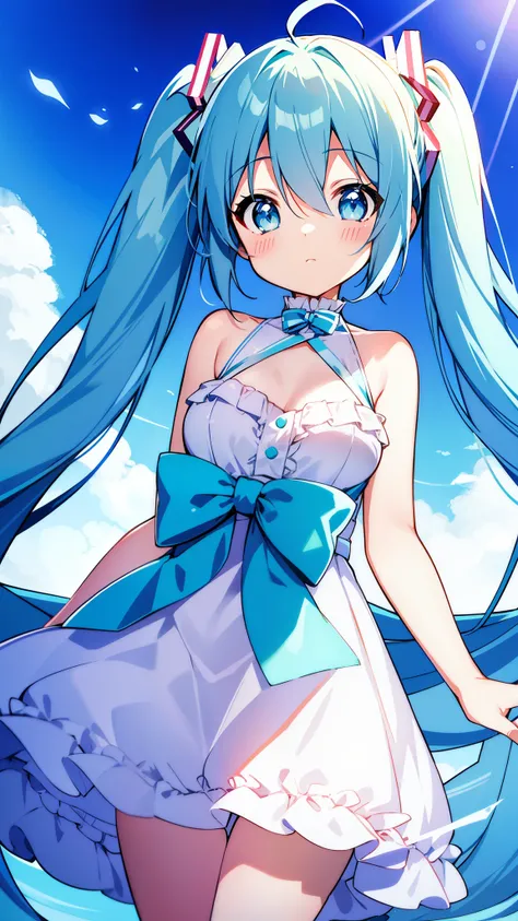 Miku Hatsune、birthday、39、Light blue twin tails、great、Sky、Delicat eyes、1girl in、Luminescence、top-quality