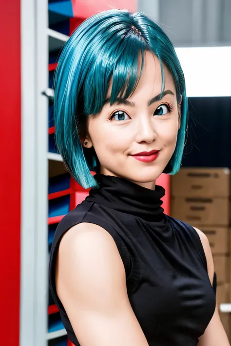 Generate a realistic image of a young woman with blue hair styled in a short, chic bob haircut, framing her face. She has large, expressive eyes, with a lively and intelligent expression, light skin, and a soft, slightly mischievous smile. She is wearing a...