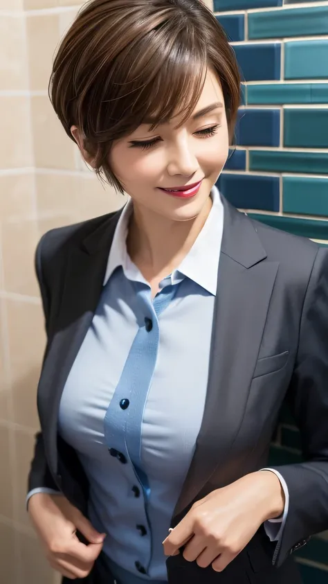 ((Best Quality, 8k,  PHOTOREALISTIC EXPRESSION  :1.3、delicate、 Details:1.3、masterpiece: 1.3))、（(Skinny slender body、Slender body:1.5)）、(((  Stylish, Graceful, Beautiful Woman 、 35 year old career woman in tight business suit)))、((Beautiful Makeup、Red lipst...