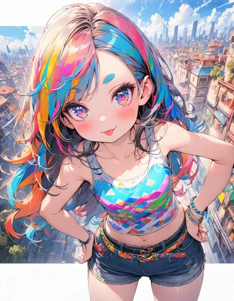 ((Masterpiece)), ((best quality)), (intricate details), (super detail:1.2), (High Definition:1.3), (16K), (very aesthetic:1.2), (absurdres:1.2), Textured skin, ((wide shot)), (()), cute young Girl, (blush), ((jitome, sticking out tongue)), Glossy unruly ha...