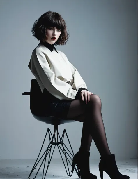 High-resolution editorial photoshoot with a cinematic atmosphere; featuring a provocative, high-fashion photo with an avant-garde aesthetic of a Cassie, 24 year old girl, with a slender, petite physique, pale skin, dark brown hair messy wavy bob with bangs...